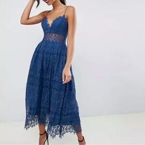 TALL Midi Blue Lace Dress with Peekaboo Waist